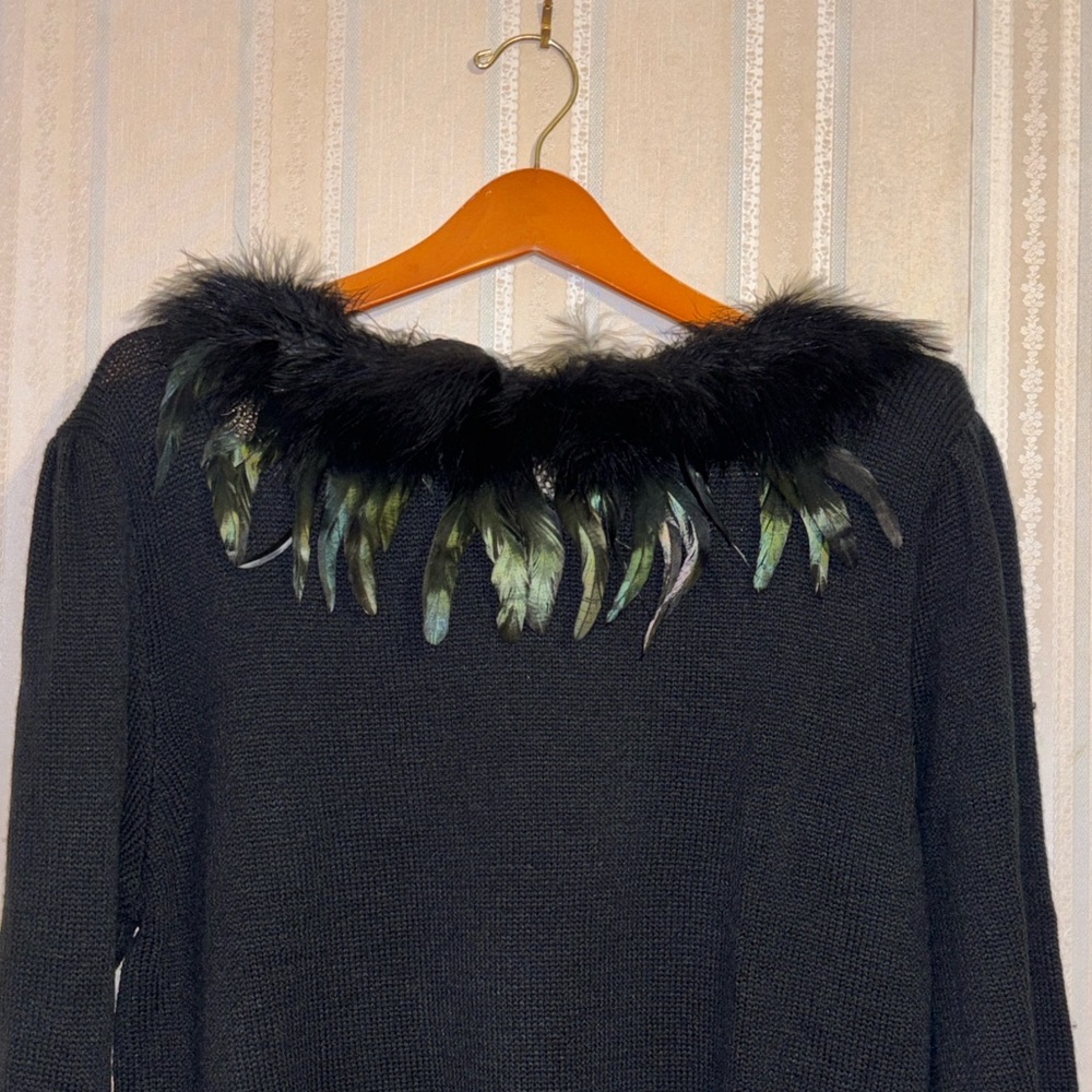Vintage Ohi Detachable Feathers Black Three Quarters Sleeve Large Very GOT